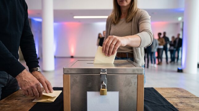 Woman putting paper ballot in metal ballot box at voting station during election