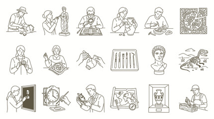 Fototapeta premium Archaeology and Art Restoration Black and White Line Art Icons Set: Museum Artifacts, Historical Research Conservation Tools