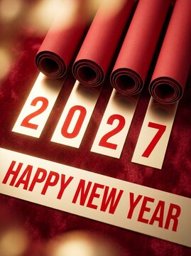 Happy new year 2027 celebration concept with red scrolls with paper scrolls unrolling paper strips revealing displays four red composition typography background decoration greeting