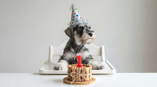 Miniature schnauzer dog wearing party hat sits by birthday cake with candle animal