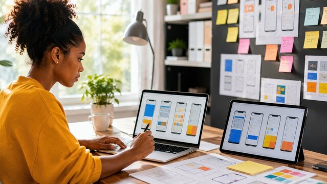 Female UX UI designer developing mobile app interfaces, wireframes and digital prototypes on laptop and tablet in creative workspace.