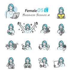 Obraz premium シンプル イラスト 電卓やデジタル端末を使うビジネスビジネスパーソンのポーズセット ベクターイラスト