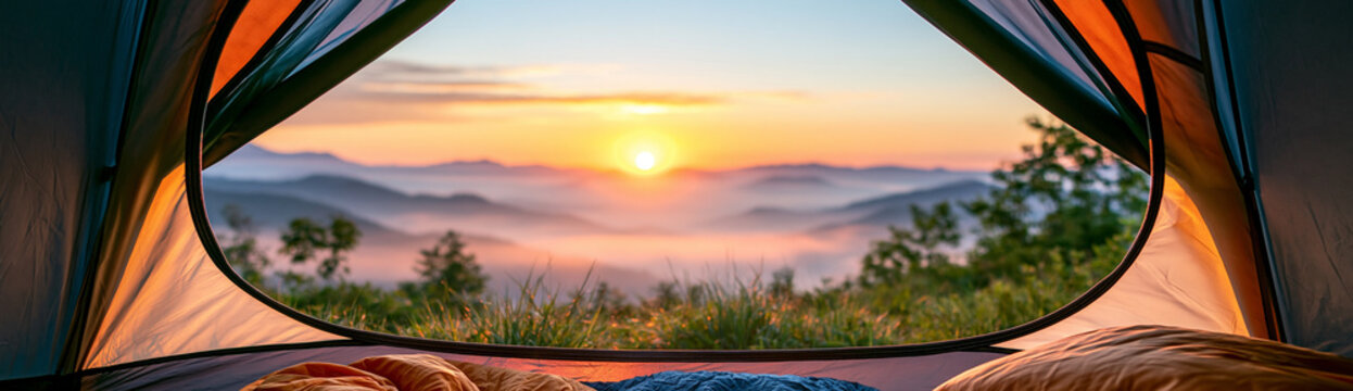 Sunrise view from inside a tent overlooking mountains, trees, and a colorful sky.