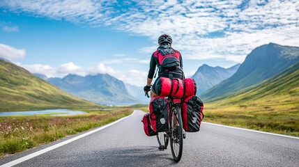 Fototapeta premium A cyclist rides on an open road through a mountainous landscape, carrying multiple red panniers under a blue sky with scattered clouds.