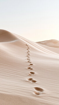 Footprints trail across smooth sand dunes under a pale sky, capturing the serene and vast beauty of a desert landscape.