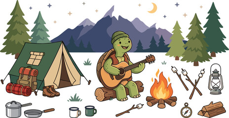 Fototapeta premium Cute cartoon camping turtle vector illustration set with mountain landscape, guitar playing tortoise, bonfire, tent, and outdoor adventure gear elements.
