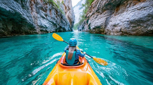 A person in a yellow kayak paddles through a narrow turquoise river gorge surrounded by towering rocky cliffs.