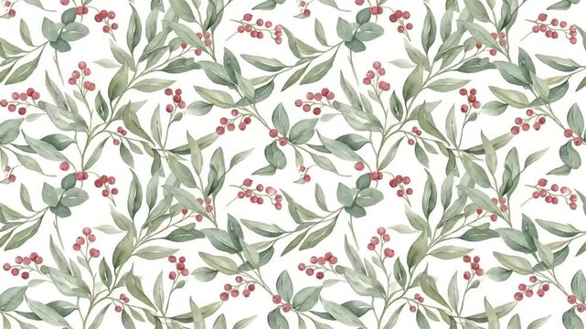 Watercolor Seamless Pattern with Green Leaves and Red Berries on White