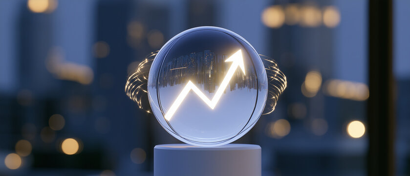 Crystal Ball of Growth: A glowing upward trending arrow graphic inside a clear crystal ball, set against a softly blurred city skyline at night, symbolizing foresight and financial prosperity.