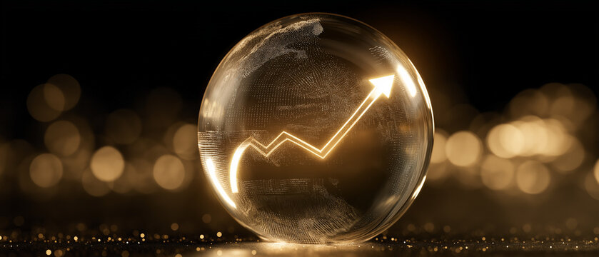 Crystal Ball Forecasting Growth: A glowing golden arrow chart signifies upward financial trend within a crystal sphere, symbolizing future economic prosperity and business success.