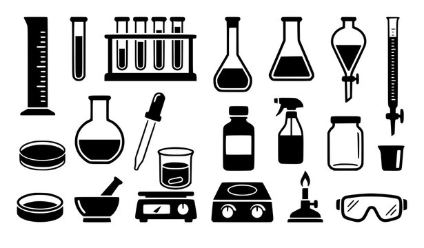 Chemistry Laboratory Glassware and Equipment Black Silhouette Vector Collection