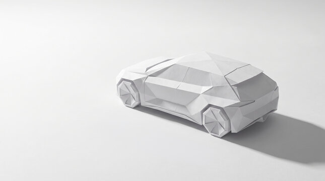Folded paper electric car model with geometric design casting shadow on white surface