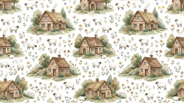 Watercolor cottage and sheep pattern animating seamlessly on a white background in a cozy rustic style.