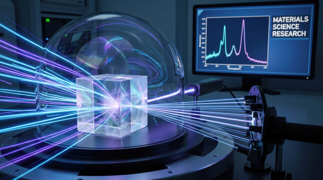 Gamma radiation scattering experiment with transparent cube in laboratory for materials science research
