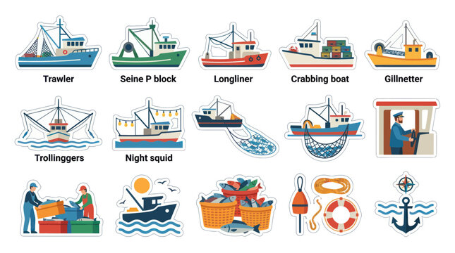 Fishing Industry Flat Vector Sticker Set: Boats, Fishermen, and Marine Equipment Illustrations