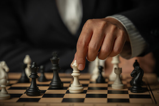 business hand touching a white queen chess on wooden board