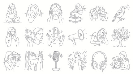 Fototapeta premium Black White Line Art Icons of Sound and Hearing Concepts