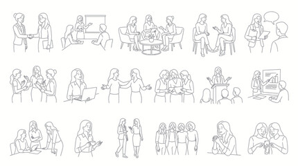 Fototapeta premium Businesswomen Meeting and Working Together, Line Art Icons