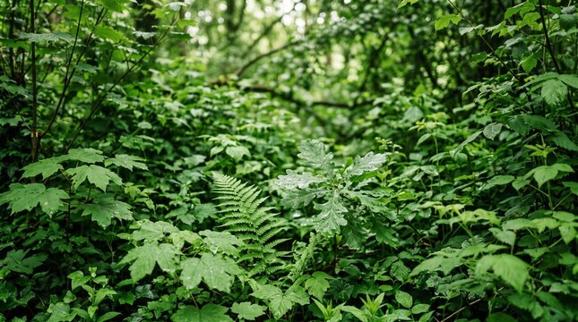 Lush green forest floor with fern and maple leaves
