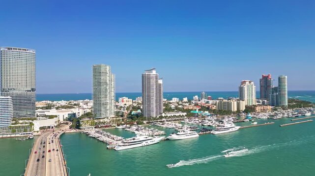 Miami city aerial view. Miami Beach downtown. Miami shoreline. Miami city.