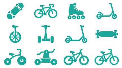 Collection of flat teal transportation and mobility icons including bicycle, skateboard, roller skates, kick scooter, unicycle, segway, longboard, tricycle, and handcycle isolated on white. © Syifa