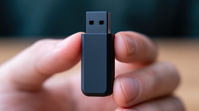 Close up hand holding black usb flash drive for data storage and transfer technology