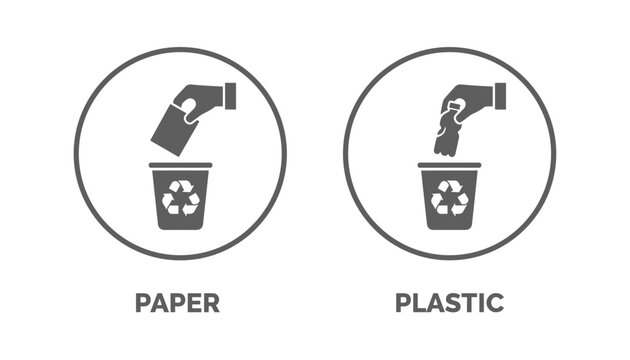 Environmental recycling icons for paper and plastic waste separation, helping to promote ecological green habits.