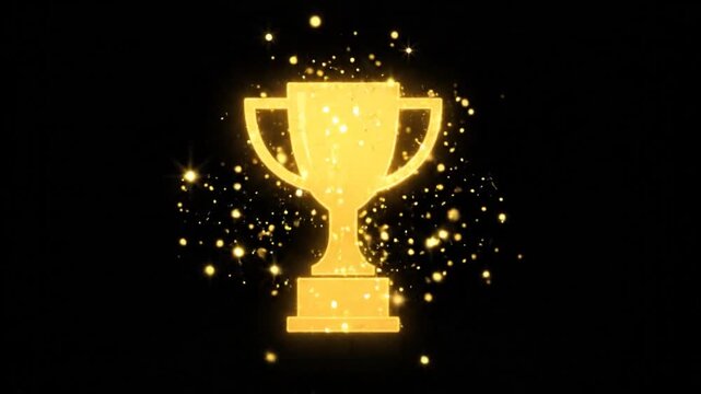 Golden Trophy Icon Assembling with Sparkling Particles on Black