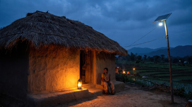 Rural hut illuminated by warm lamp light at dusk with person sitting outside, peaceful evening in countryside