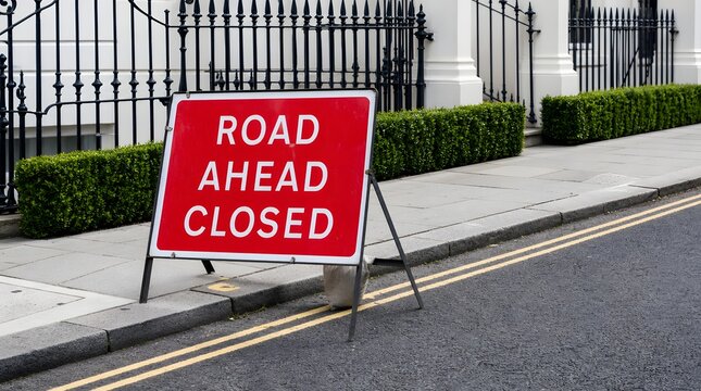 Red road ahead closed sign on metal stand on street pavement.
