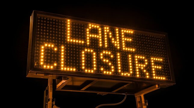 Illuminated electronic road sign displaying lane closure warning message in amber LED lights.