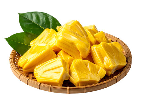 peeled Jackfruit on a woven bamboo plate isolated on transparent png