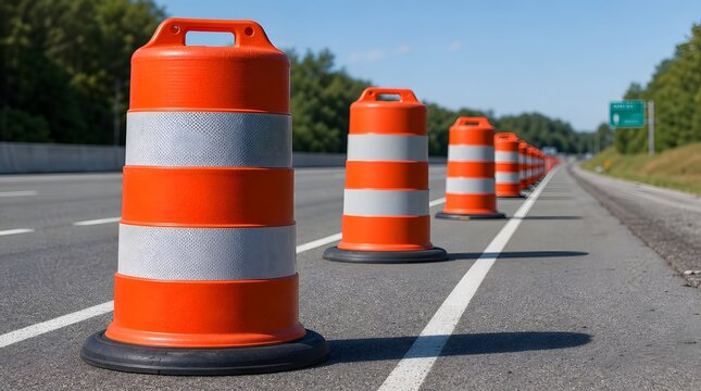 Row of orange and white construction barrels on asphalt road for traffic safety control.
