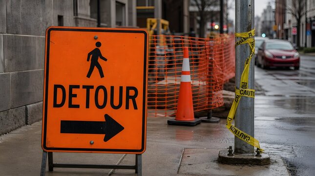 Orange pedestrian detour sign with walking person icon and right arrow on sidewalk.