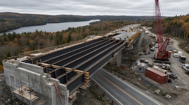 Construction of a new highway overpass bridge with steel girders and concrete abutments.