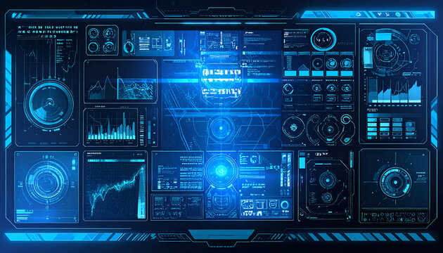 Futuristic digital interface showcasing data visualizations, graphs, charts, and information. The blue glow highlights the technical design