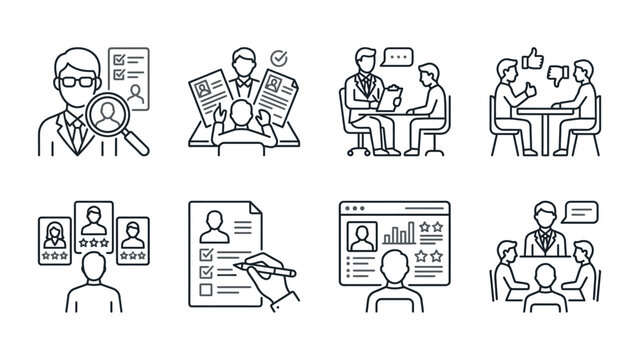 Recruitment Icons Set: Hiring Process, Job Interview, Candidate Selection, HR Management, Business Meeting, Performance Review