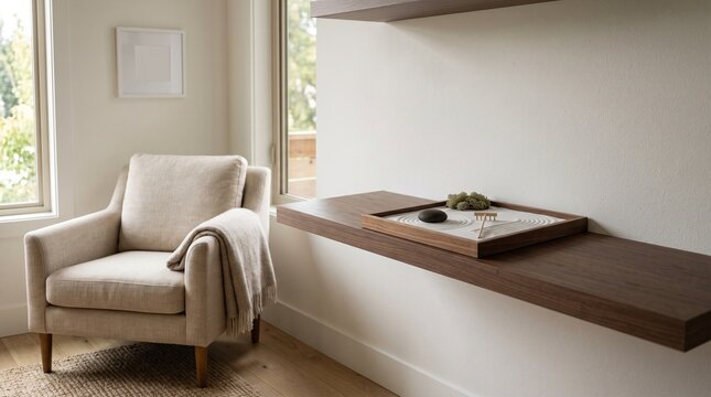 Cozy armchair and blanket next to a bright window, with a minimalist zen garden on a floating shelf