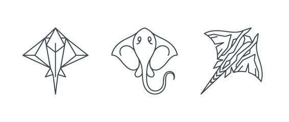 Naklejka premium Origami cranes elephant and fish line art illustrations on white background