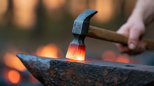 Blacksmith shaping glowing hot metal hammer on a heavy steel anvil at dusk blacksmith forging glowing hot hammer on anvil with fiery furnace background