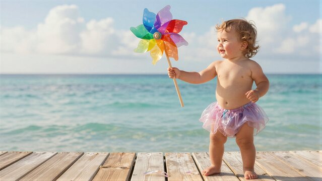 Baby smiles on beachboard holding colorful pinwheel under sunny sky.
