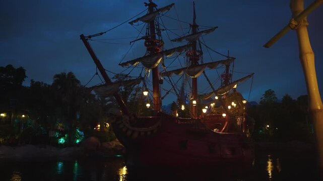 Ghost Pirate Ship Illuminated at Night, Theme Park Caribbean Attraction