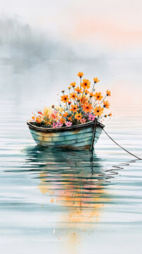A small boat filled with vibrant orange flowers floats peacefully on calm water, reflecting soft pastel hues of the sky in a serene, misty landscape.