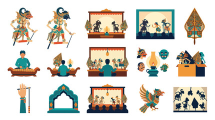 Fototapeta premium Flat Vector Illustration Set of Traditional Indonesian Wayang Kulit Shadow Puppets, Dalang, Gamelan, and Culture Icons