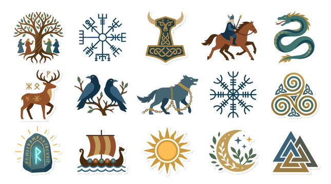 Vector Flat Design Norse Mythology Symbols and Viking Culture Icons. Ancient Scandinavian Sticker Set.
