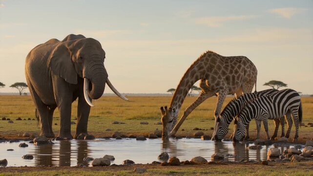 Elephant, Giraffe, and Zebra peacefully drinking water together at an African savanna watering hole during golden hour