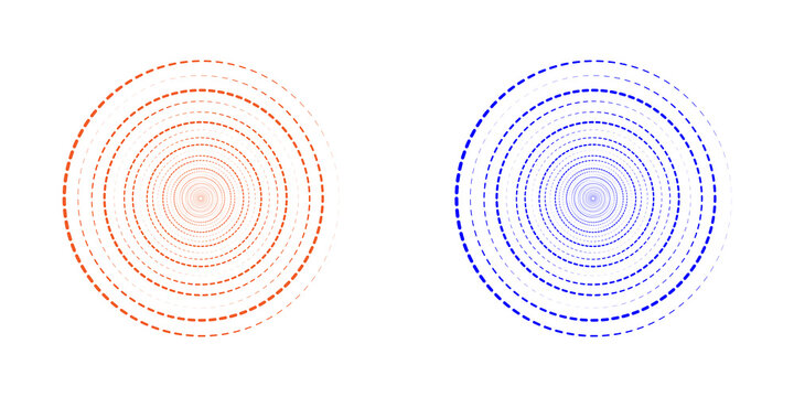 Abstract circular patterns made of small orange and blue dots