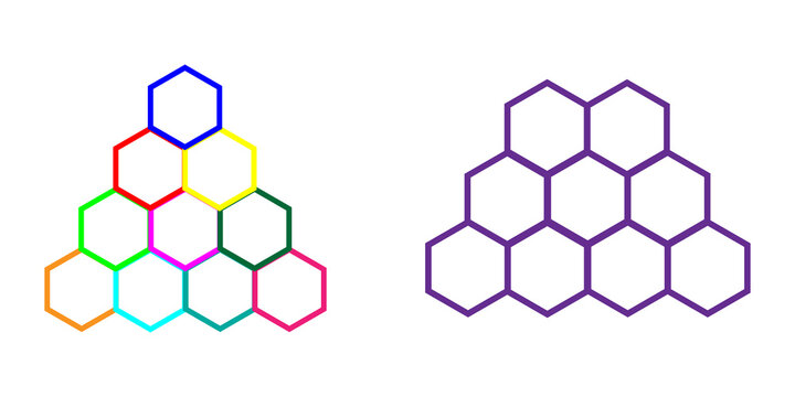 Colorful honeycomb pattern and purple outline hexagon shapes in a pyramid grid