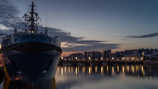 Coast Guard Ship Docked in Malmo Harbor at Dusk Timelapse