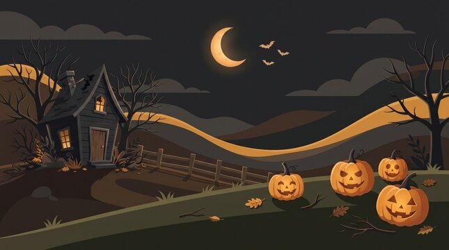 Spooky halloween landscape featuring glowing jack o lanterns and a haunted house under a crescent moon night sky background